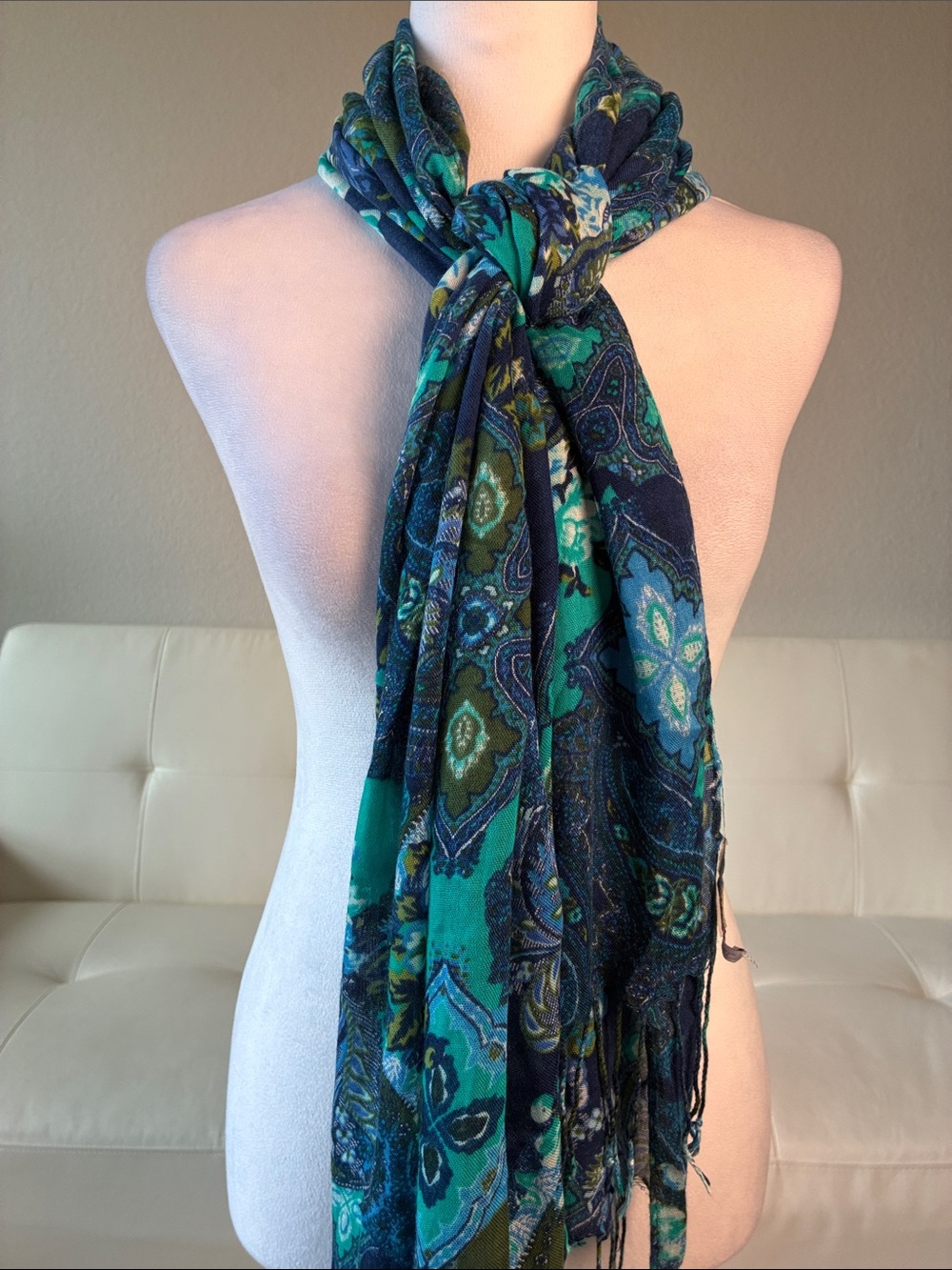 Isaac Mizrahi Teal & Navy FloralPrint Scarf with Fringe